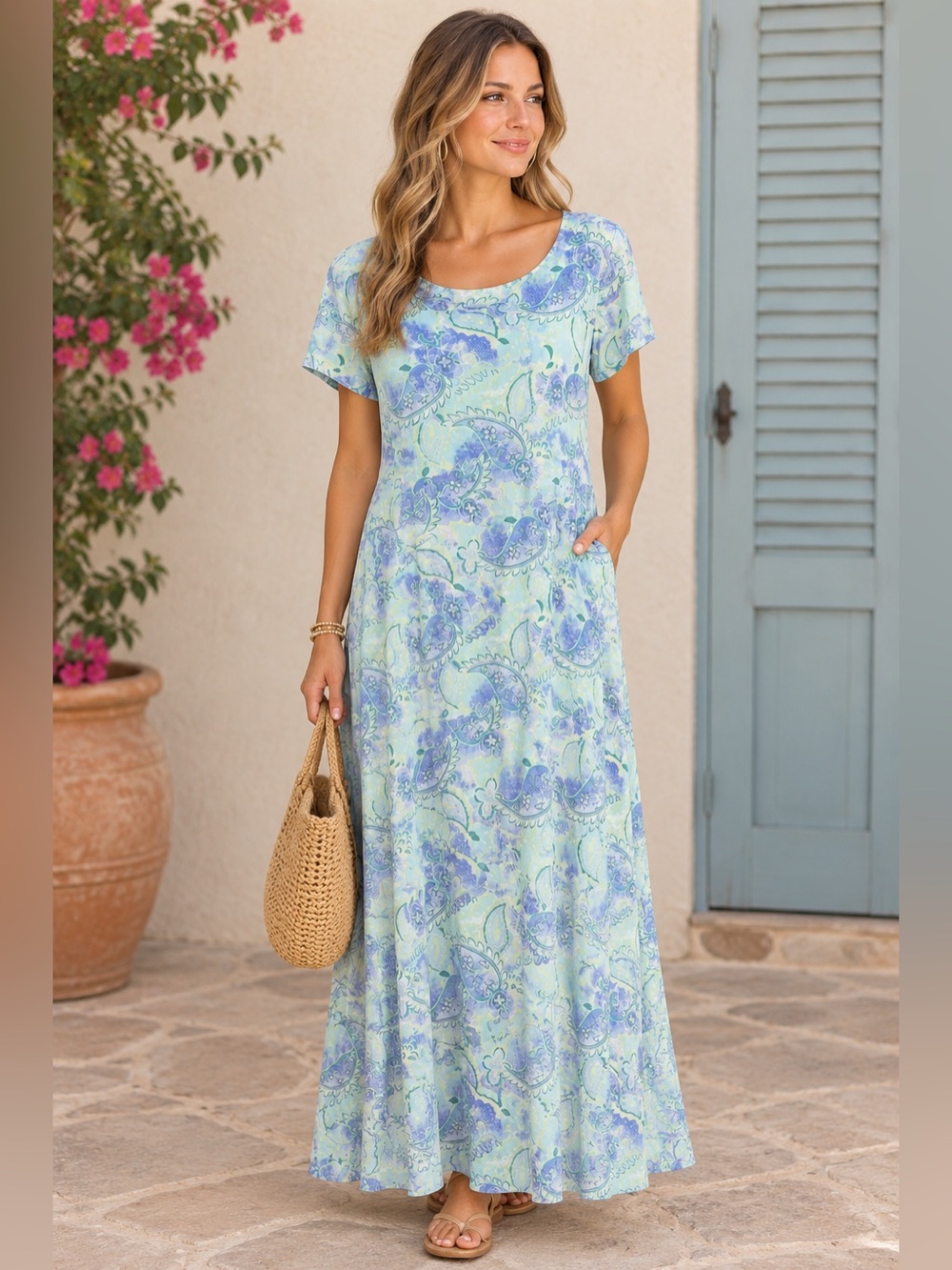 Orvis Women’s Large Maxi Dress Rayon Silk Paisley Floral Print Blue Green Purple